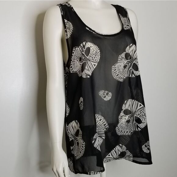 Live 4 Truth White Skull Print Black Sheer Sleeveless Back Bow Ruffle Top Size L - Picture 2 of 16